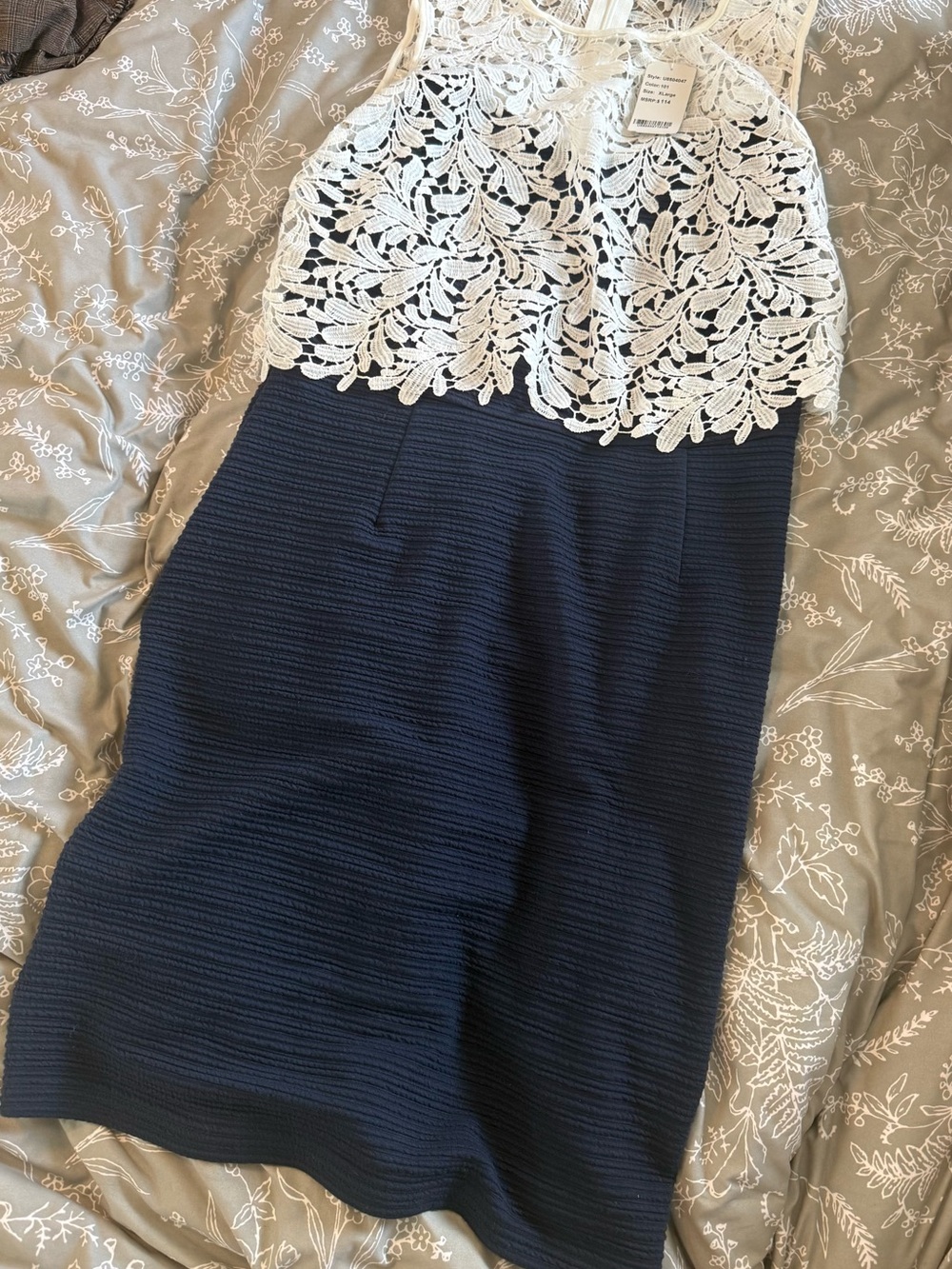 Suzanne Betro Navy dress with White Lace Overlay